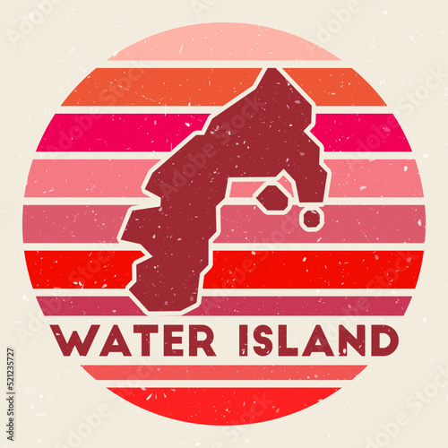 Water Island logo. Sign with the map of island and colored stripes, vector illustration. Can be used as insignia, logotype, label, sticker or badge of the Water Island.