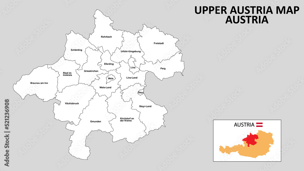 Upper Austria Map. State and district map of Upper Austria. Administrative map of Upper Austria with district and capital in white color.