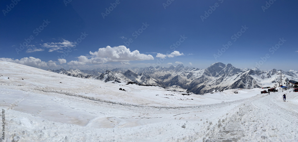 Panorama of ski slopes in Elbrus mountains, North Caucasus