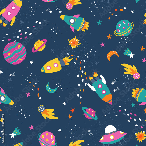 Cute outer space design for kids, fun rockets, planets, stars - great for textiles, banners, wallpapers, wrapping - vector design