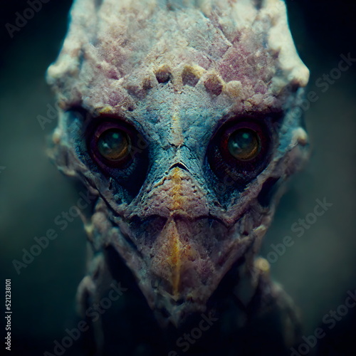 Alien creature creepy Portrait 3D illustration with dramatic lighting in a front position reflecting the cultural heritage of another world