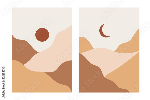 Neutral landscape with desert dunes and mountains. Hand painted wall decor in oriental style. Cute set in earth and pastel colors. Abstract Japanese background. Modern art decor.