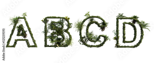 Letters and numbers decorated with plants on a white background.