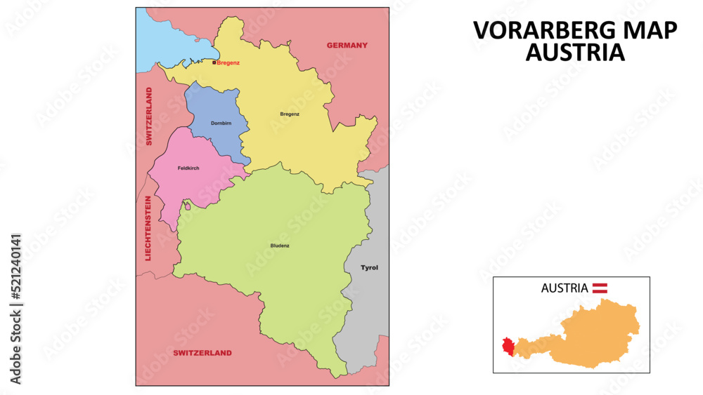 Vorarlberg Map. State and district map of Vorarlberg. Political map of Vorarlberg with neighboring countries and borders.