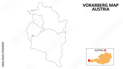 Vorarlberg Map. State and district map of Vorarlberg. Political map of Vorarlberg with outline and black and white design.