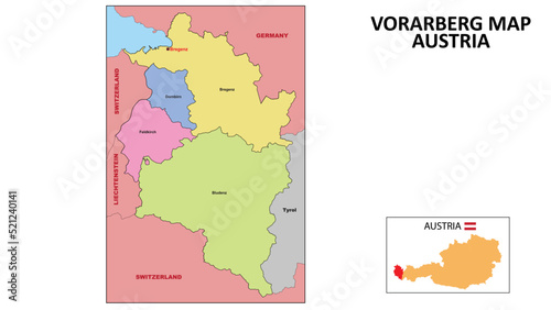 Vorarlberg Map. State and district map of Vorarlberg. Political map of Vorarlberg with neighboring countries and borders.