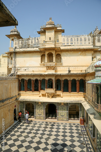 View at the building facade Inside City Palace in Udaipur, Rajasthan, India.