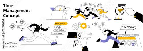 A group of characters is fussing around the clock, trying to get somewhere in time. A set of vector illustrations on the topic of time management and working time estimation.