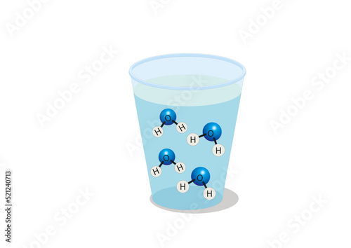 Glass of water with water molecules