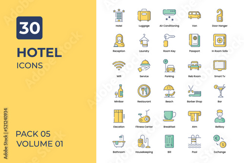 Hotel icons collection. Set contains such Icons as reception, waiter, room boy, hotel key, and more