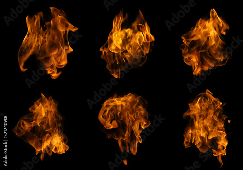 Fire collection set of flame burning isolated on dark background for graphic design usage