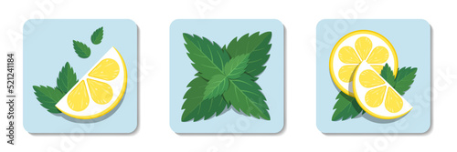 Lemon and mint leaves flat icons collection. Stylized vector elements in green and yellow colors on pastel blue background. Best for web, print, menu decoration, logo creating and branding design.
