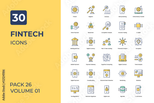 Fintech icons collection. Set contains such Icons as online bank, search, online money, and more