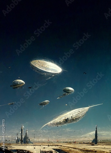 ufo flying above the city, digital painting, concept illustration