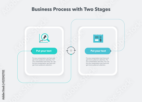 Simple business process diagram with two stages. Modern flat template for data visualization.