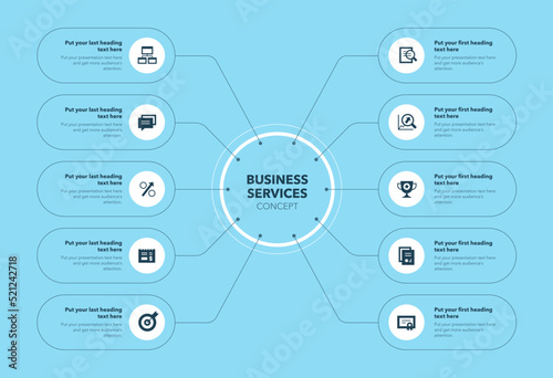 Modern business services concept - blue version. Concept of ten stages with minimalistic icons.