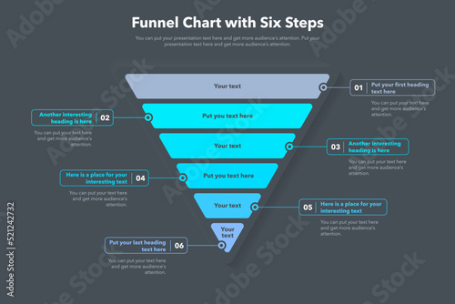 Funnel chart template with six steps - dark version. Slide for business presentation.