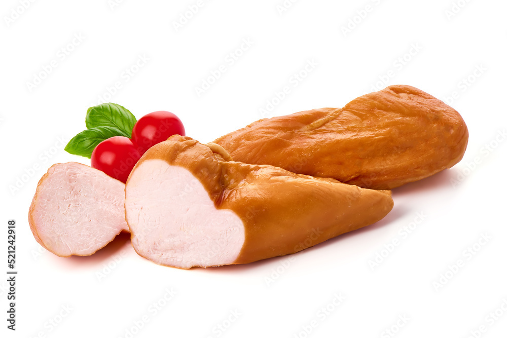Smoked chicken breast, isolated on white background. High resolution image.