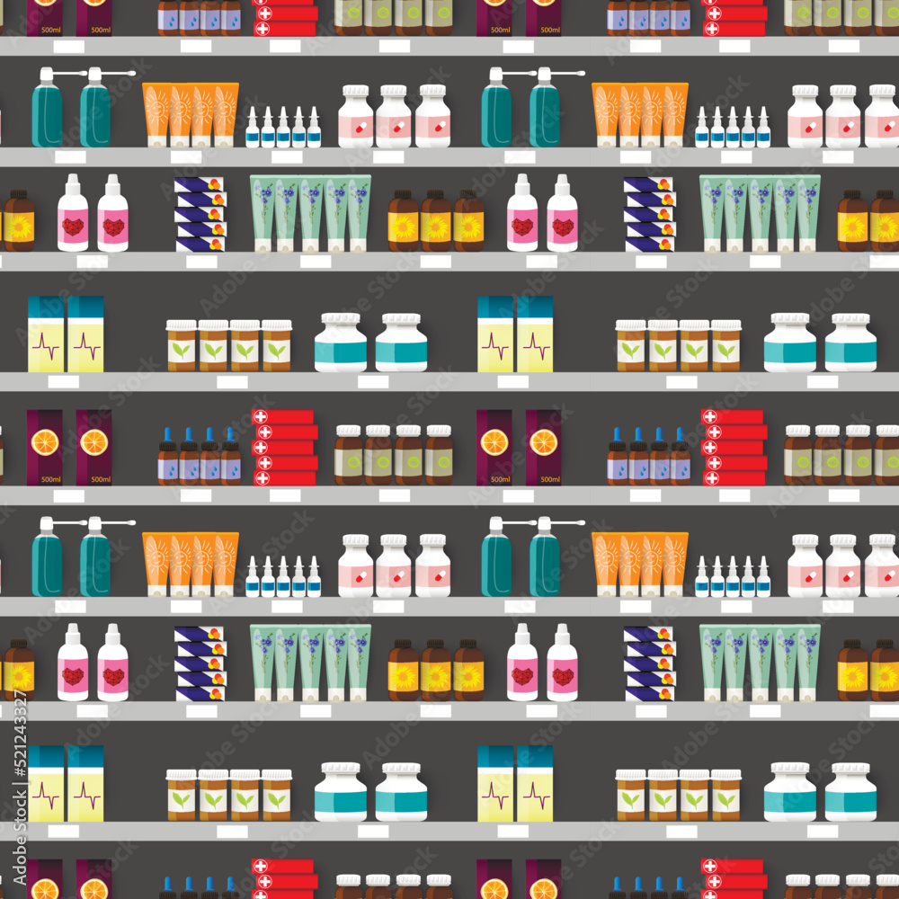 Pharmacy shelves with medicine bottles, sprays and pills.Vector seamless pattern