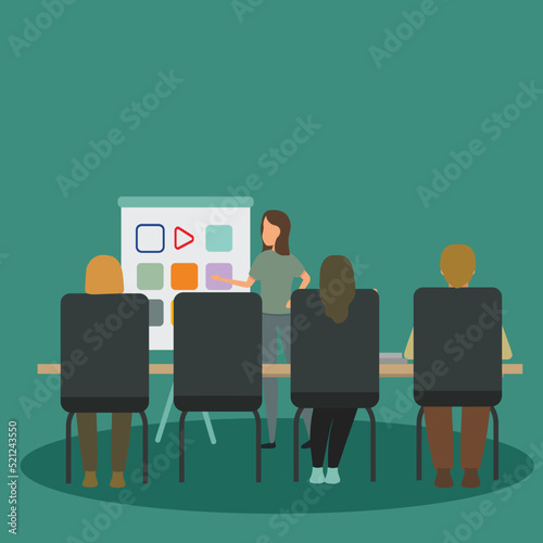 Vector illustration background of the young business manager giving a presentation to train apprentices at the office during the meeting. Job training concept.Graphic design vector illustration