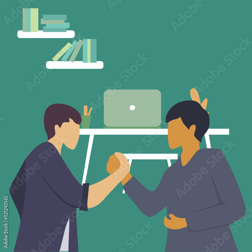 Vector illustration background of young business man handshake his colleague to deal a project. Business meeting concept. Business Collaboration. Graphic design vector illustration