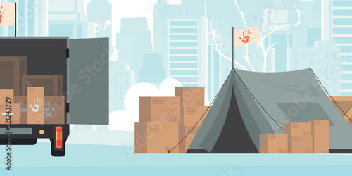 Camp for humanitarian aid. Tents, Boxes and pallets. Vector illustration.