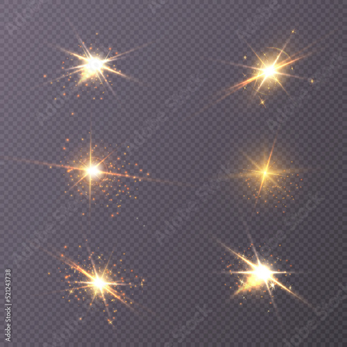 Set of bright gold stars with highlights. vector png