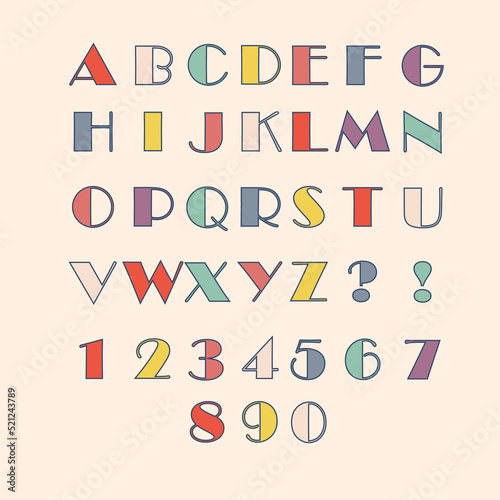 English classical alphabet with numbers in retro style. Vector illustration