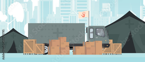 Camp for humanitarian aid. Tents and Cargo for the needy. trendy style. Vector illustration.
