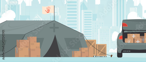 Camp for humanitarian aid. Tents and Cargo for the needy. Flat modern design. Vector.