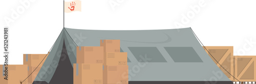 Large dark green tent with boxes. Camp element for humanitarian aid. isolated. vector illustration.