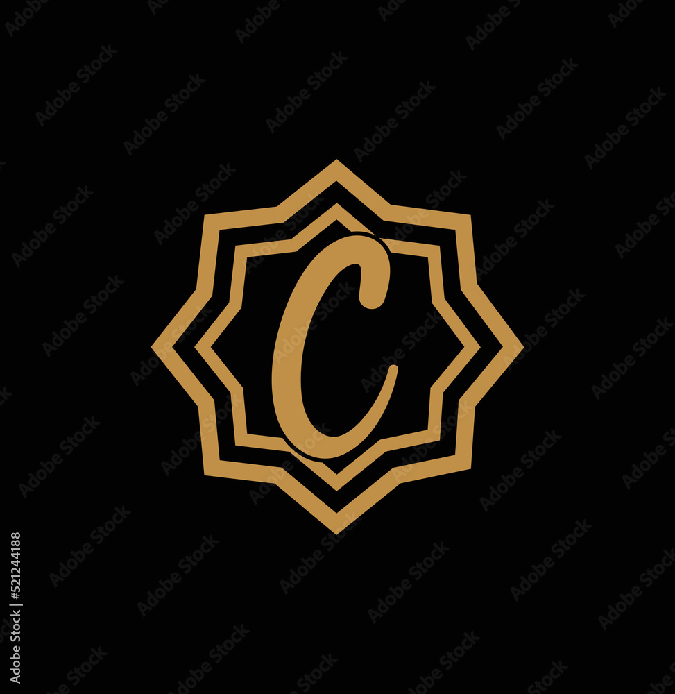 Letter C inside Gold star logo. Award 3d icon. Golden logotype template. Volume Vector illustration. Letter C inside Gold star logo. Award 3d icon. Golden logotype template. Volume Vector illustration.