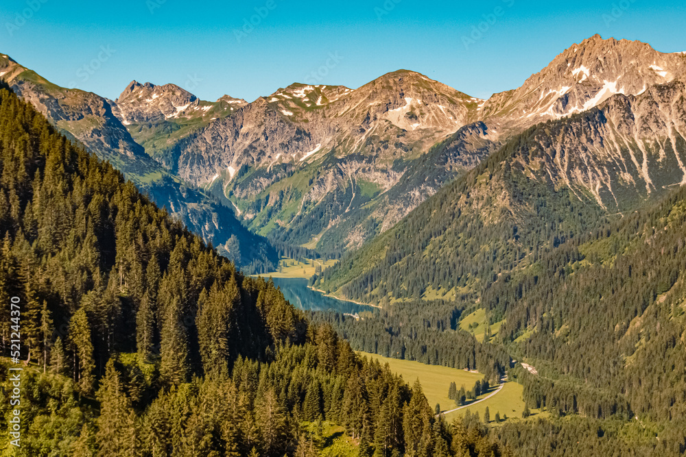 Beautiful alpine summer view at the famous Neunerkoepfle summit, Tannheim, Tyrol, Austria