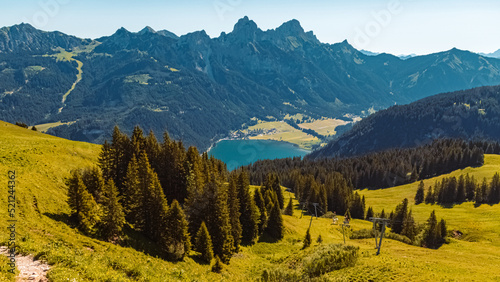 Beautiful alpine summer view with the Haldensee lake at the famous Neunerkoepfle summit, Tannheim, Tyrol, Austria