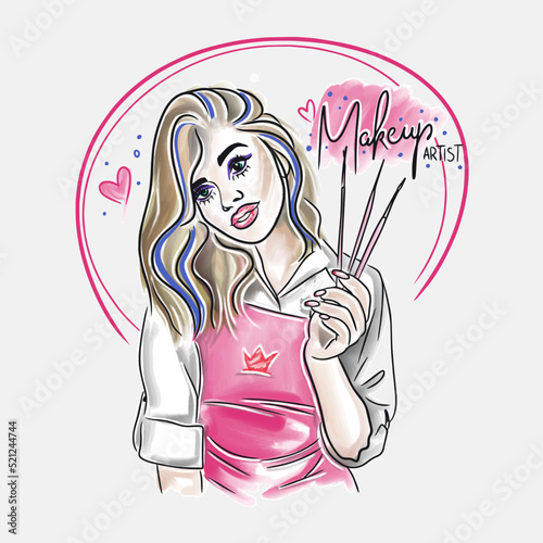 Makeup artist, beauty beauty master, handwritten inscription, girl with brushes in her hands