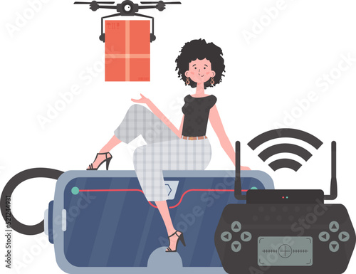 The concept of cargo delivery by air. A woman controls a quadcopter with a parcel. Isolated on white background. Vector illustration.