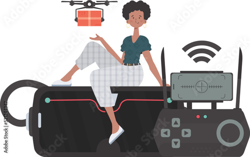 The concept of cargo delivery by air. A woman controls a quadcopter with a parcel. Isolated on white background. Vector.