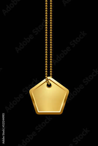 Empty penttagon gold military or dogs badge hanging on steel chain. Vector army object isolated on black background. Pendant with blank space for identification, blood type in case of injury
