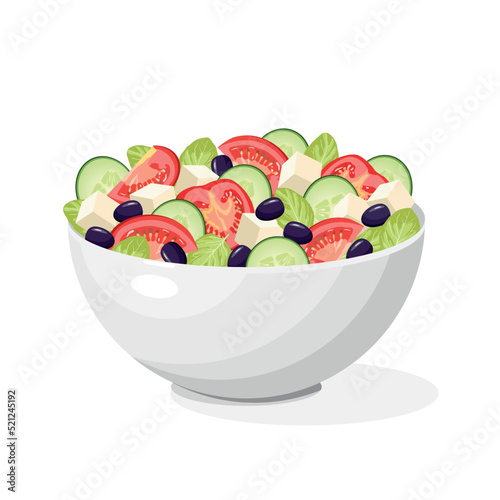 Traditional Greek salad with slices of feta cheese, tomatoes, cucumbers, olives on a white background.