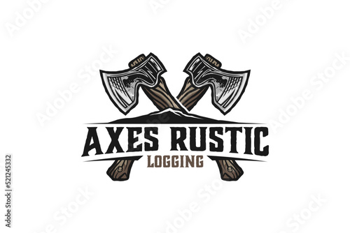 Axes rustic wood work logging logo axe design carpenter badge emblem style mountain forest logging