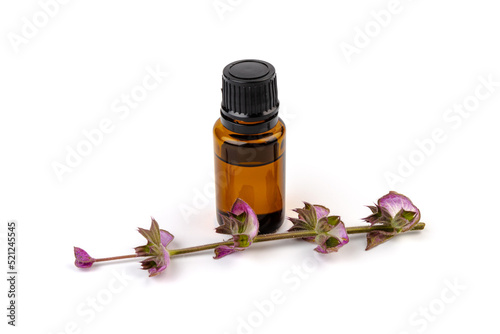 A bottle of essential oil with fresh blooming clary sage twigs on white background.