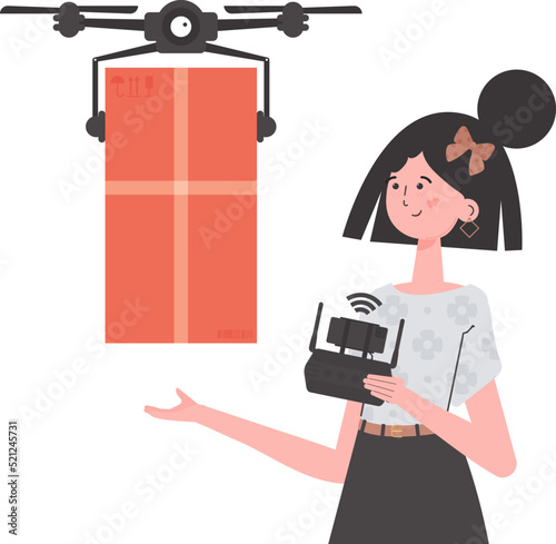 Delivery theme. A woman controls a drone with a parcel. Isolated on white background. trendy style. Vector illustration.