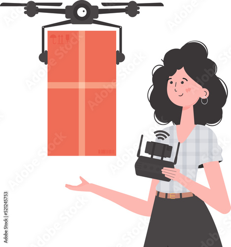 Delivery theme. A woman controls a drone with a parcel. Isolated on white background. trendy style. Vector.