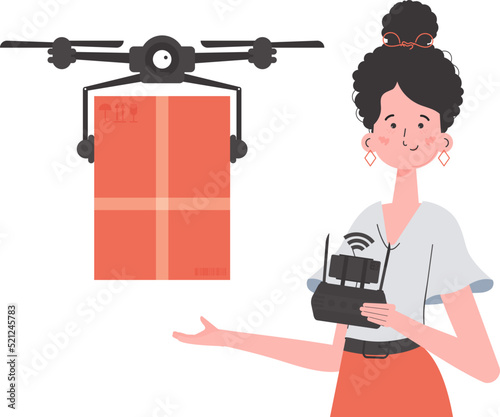 Delivery theme. A woman controls a drone with a parcel. Isolated on white background. Flat modern design. Vector.