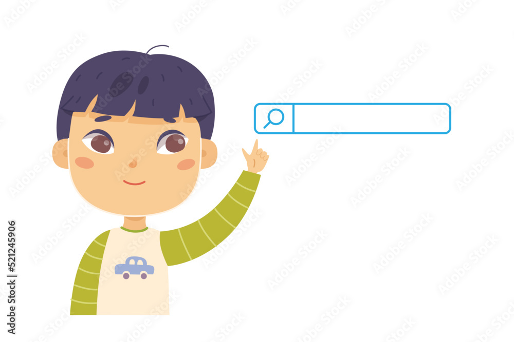 Searching for information on web by child vector illustration. Cartoon cute boy raising hand, pointing with finger to button of search system isolated on white. Navigation, enquir, UI concept Searching for information on web by child vector illustration. Cartoon cute boy raising hand, pointing with finger to button of search system isolated on white. Navigation, enquir, UI concept