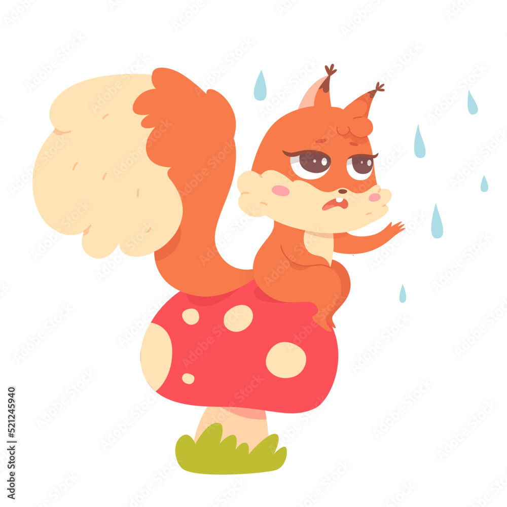 Cute sad squirrel character sitting on fly agaric in rain, water drops falling on animal Cute sad squirrel character sitting on fly agaric in rain, water drops falling on animal