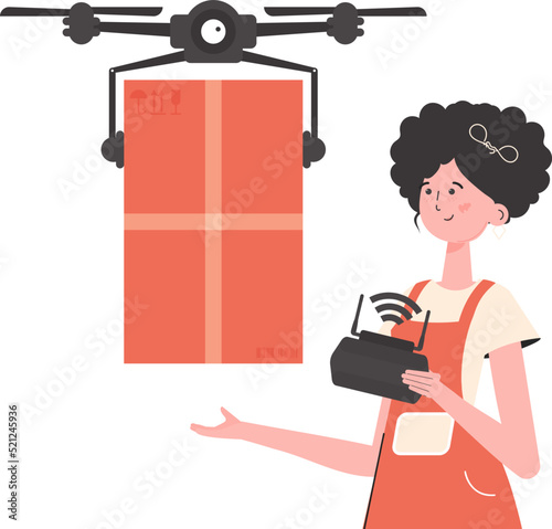Delivery theme. A woman controls a drone with a parcel. Isolated. Flat modern design. Vector.