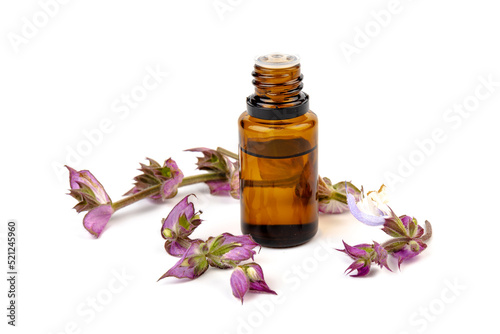 A bottle of essential oil with fresh blooming clary sage twigs on white background.