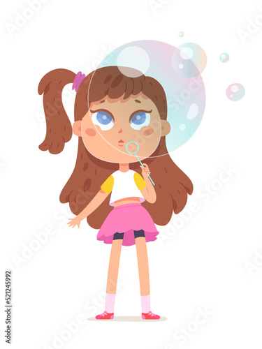 Girl blowing bubbles of soap foam, kid with long hair, pink skirt holding bubbles maker