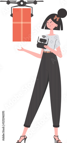 The concept of cargo delivery by air. A woman controls a drone with a parcel. Isolated on white background. trendy style. Vector illustration.